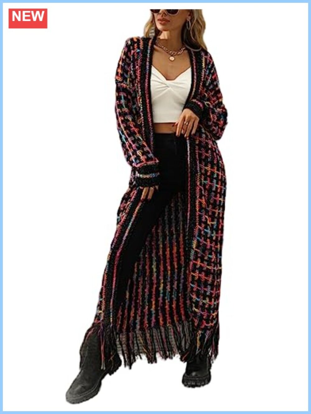 Boho Open Front Fringed Tassel Aztec Maxi Cardigan Sweater Women